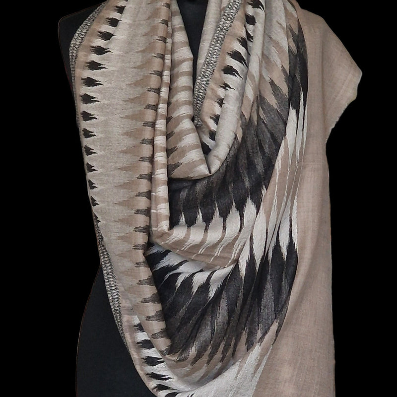 Fine Wool Handwoven Ikat Kashmiri Pashmina Stole – Black Pearl - Baga Ethnik Living Default Title Accessories:Scarves & Wraps