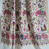 Shikaar Tilla Embroidery Fine Wool White Pashmina Shawl – Elephant & Peacock Design