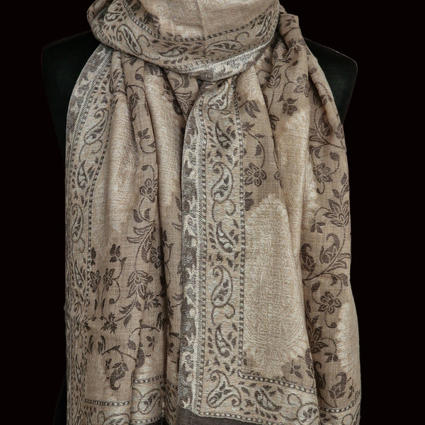 Kani-Style Woven Floral Luxury Pashmina Soft Stole – Cream & Black