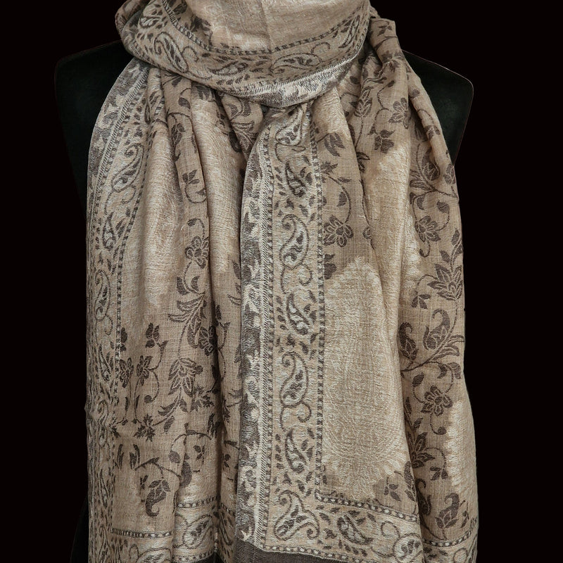 Kani-Style Woven Floral Luxury Pashmina Soft Stole – Cream & Black