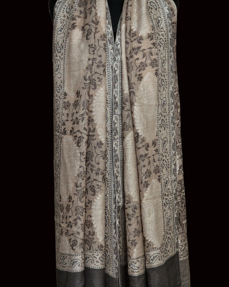 Kani-Style Woven Floral Luxury Pashmina Soft Stole – Cream & Black