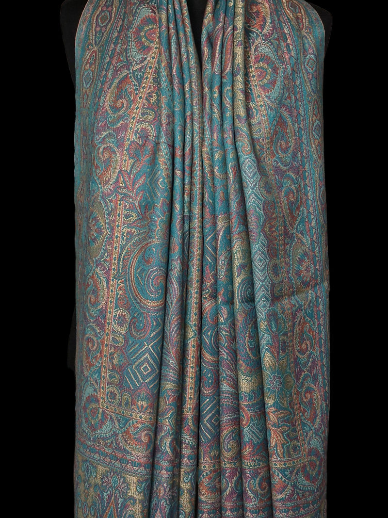 Royal Jamawar Men’s Shawl – Turquoise Blue, Kani Style