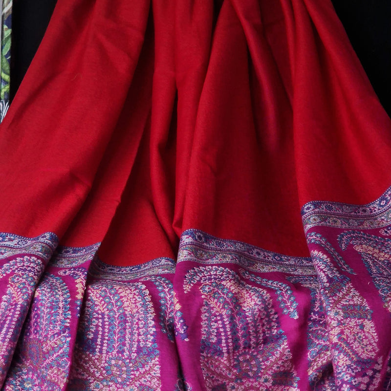Authentic Luxury Soft Kashmir Border Red Kani Weave Pashminas - Berries Red