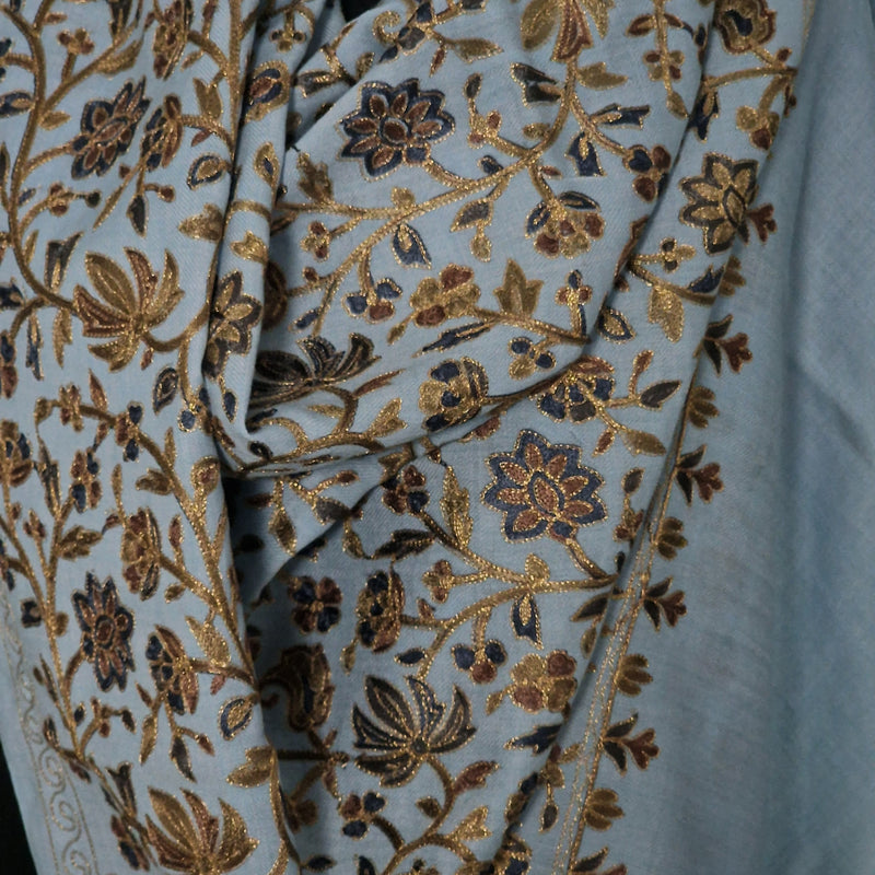 Pure Pashmina Gold Floral Design Nalki Embroidery Stole – Mist Blue