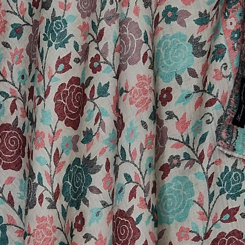 Pink and Teal Rose Motif Kani-Style White Stole – Silk Modal Blend