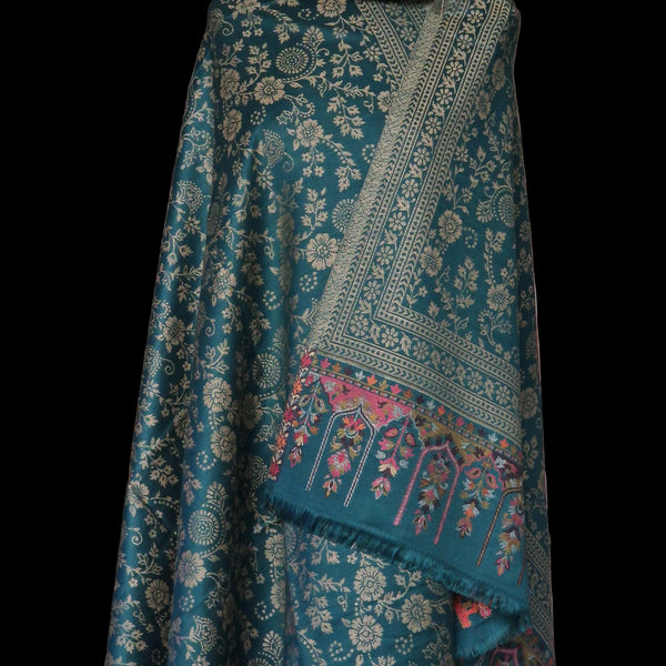 Elegant Kani Weave Pure Wool Shawl – Timeless Craft in Teal Green
