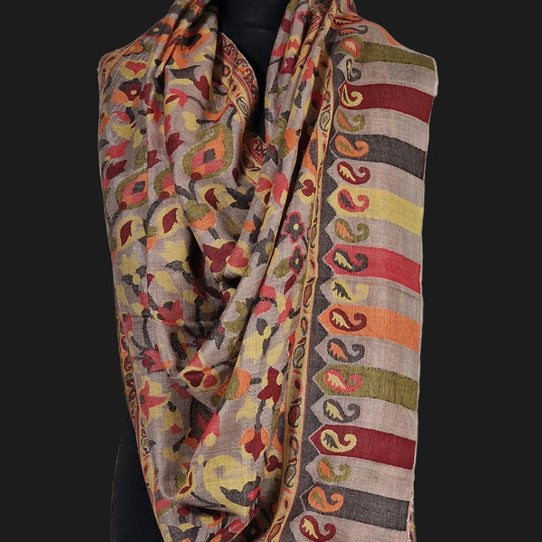 Authentic Luxury Soft Kashmir Border Kani Weave Pashmina - Seraphina Grey
