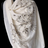 Handmade Bunch Flower Embriodery Design White Pashmina Stole