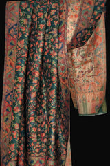 Floral Reversible Kani-Style Pashmina Wool Shawl – Dark Green & Beige