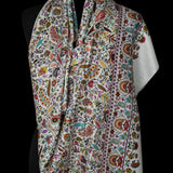 White Silk Wool Kalamkari Floral Design Pashmina Stole