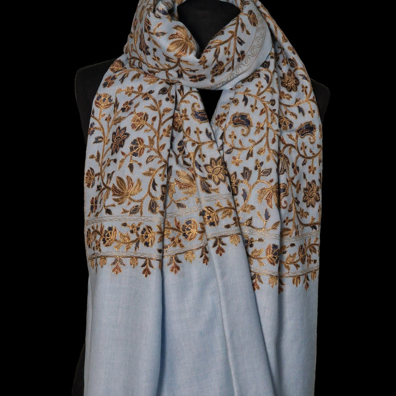 Pure Pashmina Gold Floral Design Nalki Embroidery Stole – Mist Blue