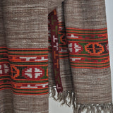Brown Striped Yak Wool Shawl – Vibrant Kullu Border & Tassel Fringe