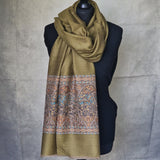 Authentic Soft Kashmir Border Kani Weave Pashminas - Pinewood Green