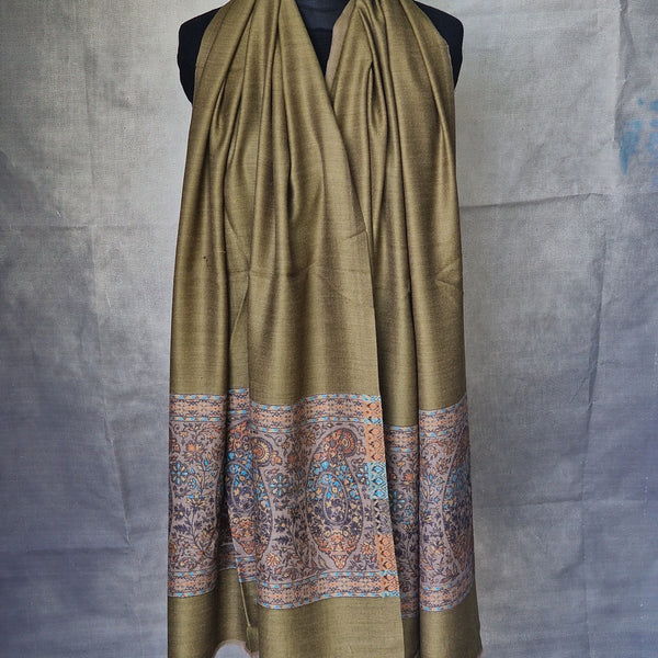 Authentic Soft Kashmir Border Kani Weave Pashminas - Pinewood Green
