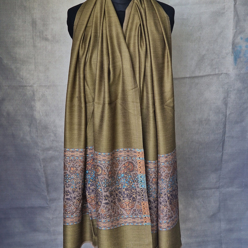 Authentic Soft Kashmir Border Kani Weave Pashminas - Pinewood Green