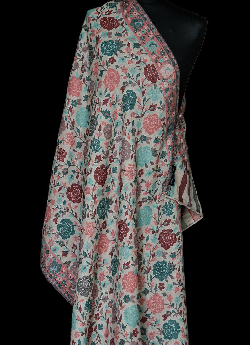 Pink and Teal Rose Motif Kani-Style White Stole – Silk Modal Blend