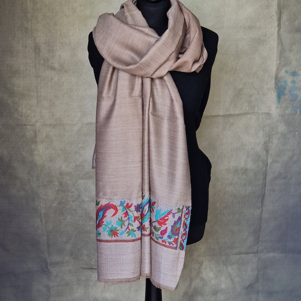 Border Kani Pashmina Wool Scarf Shawl Wrap – Light Beige