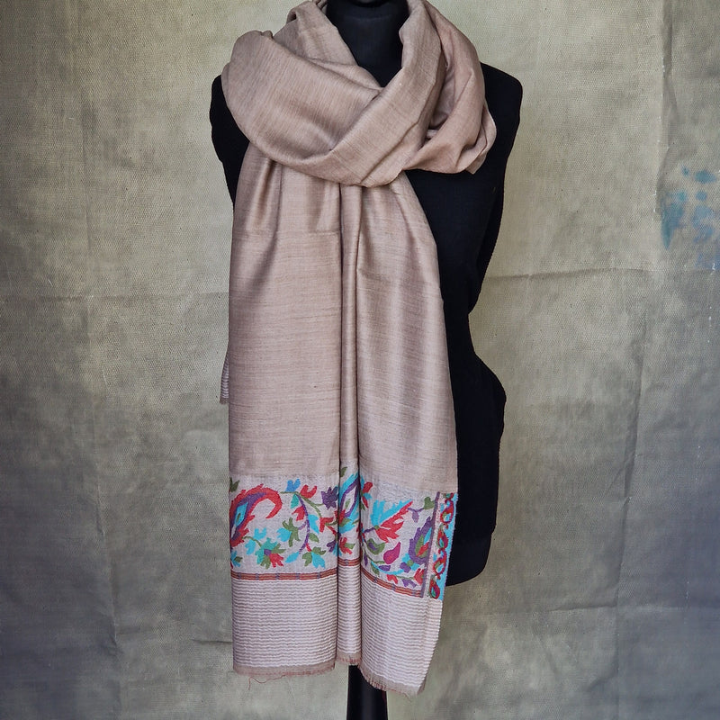 Border Kani Pashmina Wool Scarf Shawl Wrap – Light Beige