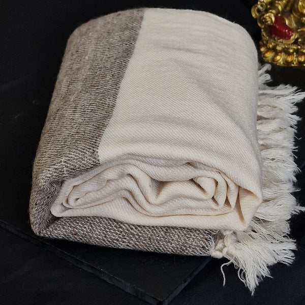 Ivory White Yak Wool Shawl – Handspun Fine Wool, Raw Brown Border, Artisan Crafted - Baga Ethnik Living Default Title Accessories:Scarves & Wraps