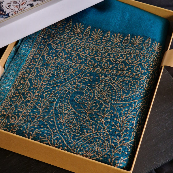 Blue-Teal Pure Wool Stole – Silver Zari Woven Style