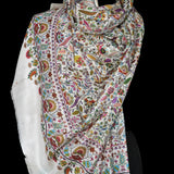 White Silk Wool Kalamkari Floral Design Pashmina Stole
