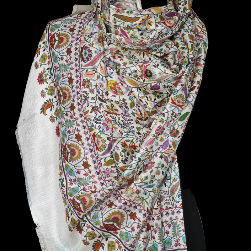 White Silk Wool Kalamkari Floral Design Pashmina Stole