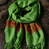 Bright Green Tibetan Angora Stole – Kullu Border Lightweight Wrap