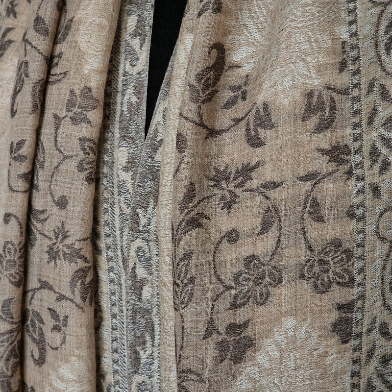 Kani-Style Woven Floral Luxury Pashmina Soft Stole – Cream & Black