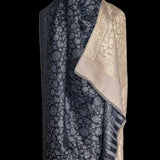 Fine Wool Jamawar Reversible Shawl – Iridium Black & White Floral Luxury Wrap