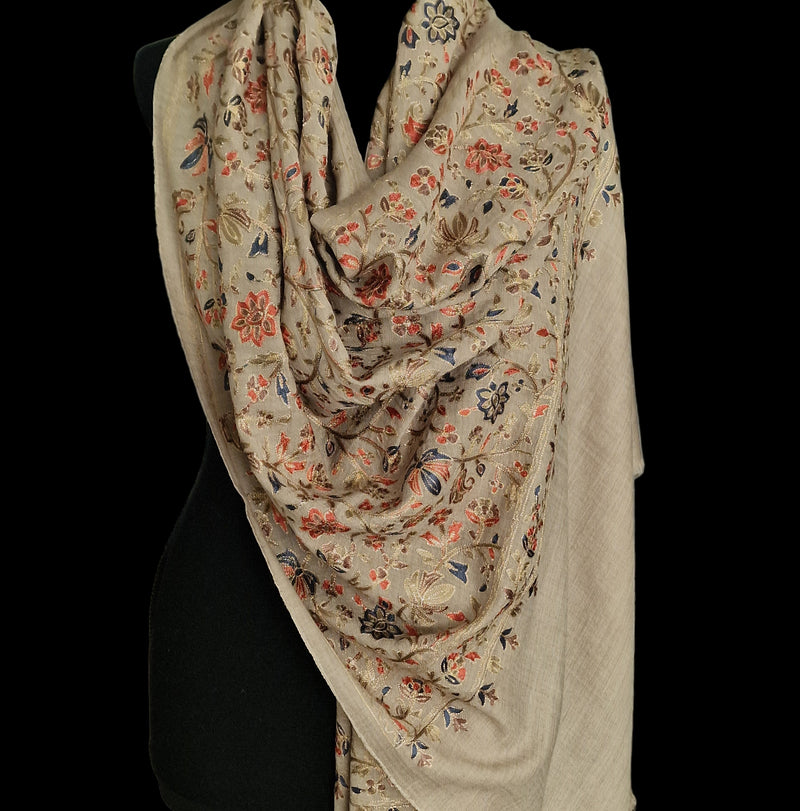 Chinar Design Nalki Embriodery Pashmina Stole – Luxury Fine Wool Beige
