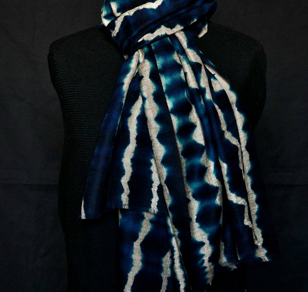 Authentic Luxury Kashmir Pure dye-tie Pashmina Stole - Waves Blue
