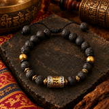 Tibetan Lava Stone & Prayer Wheel Beaded Bracelet – Adjustable Buddhist Knot