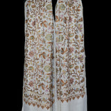 Chinar Leaf White Pashmina Fine Wool Nalki Hand-Embroidered Shawl