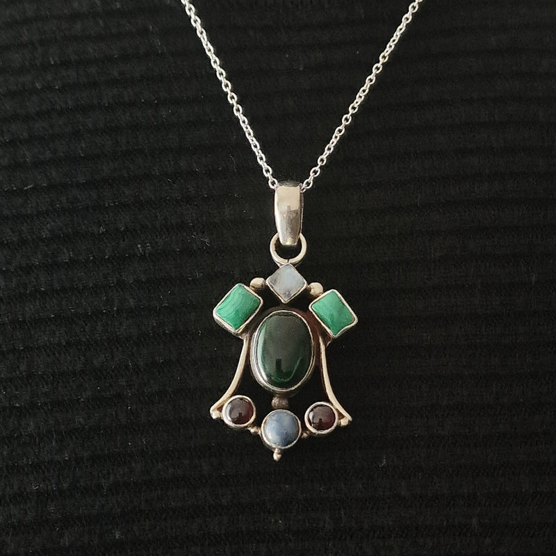 Malachite, Garnet,Green Aventurine, Moonstone Silver Sterling  Pendant