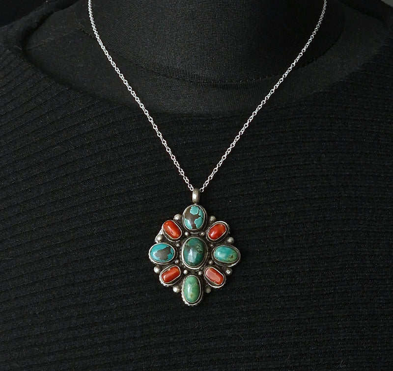 Boho-Chic Tibetan Turquoise & Coral Pendant – 925 Sterling Silver, Handmade, Meaningful Gift - Baga Ethnik Living Default Title Pendants