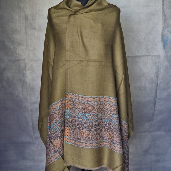Authentic Soft Kashmir Border Kani Weave Pashminas - Pinewood Green