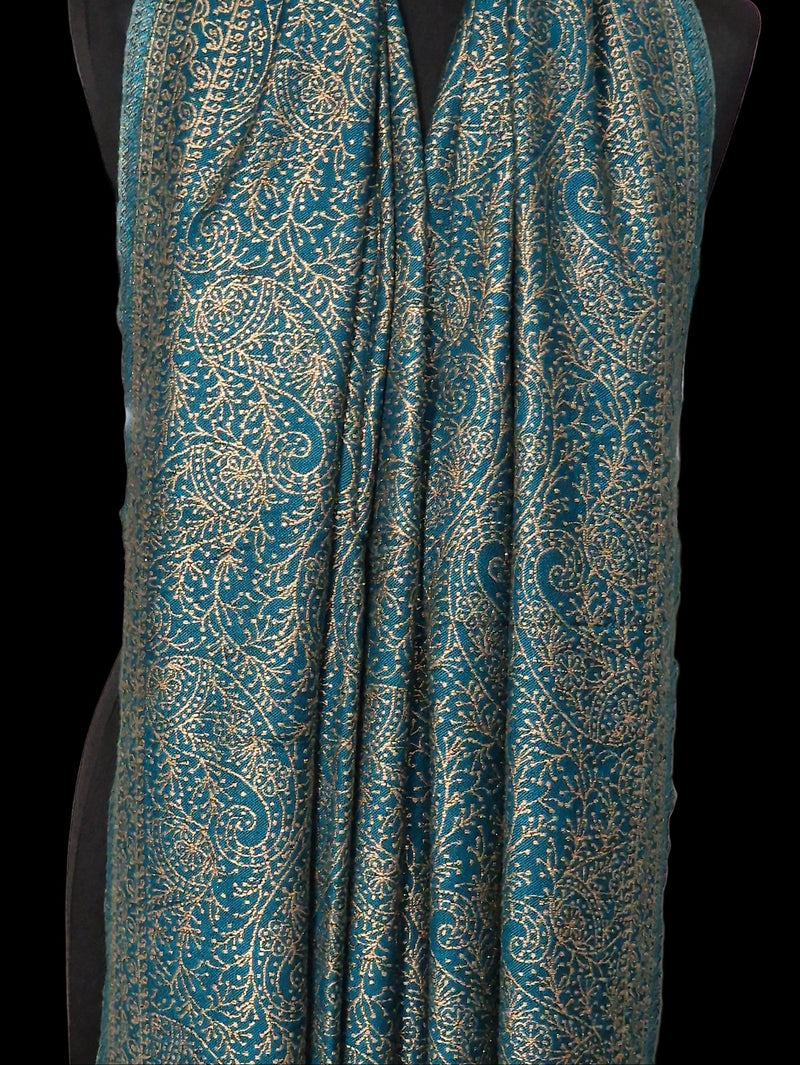 Blue-Teal Pure Wool Stole – Silver Zari Woven Style