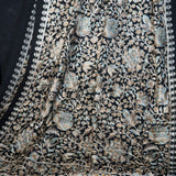 Luxury Black Pashmina Fine Wool Nalki Stole – Gold & Blue Floral Embroidery