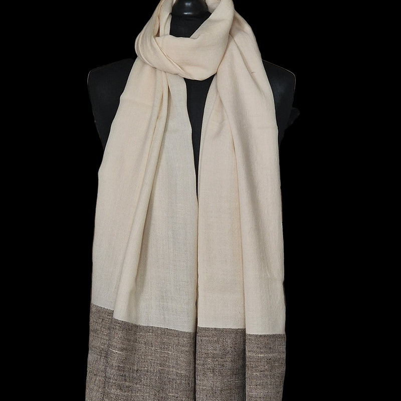 Ivory White Yak Wool Shawl – Handspun Fine Wool, Raw Brown Border, Artisan Crafted - Baga Ethnik Living Default Title Accessories:Scarves & Wraps