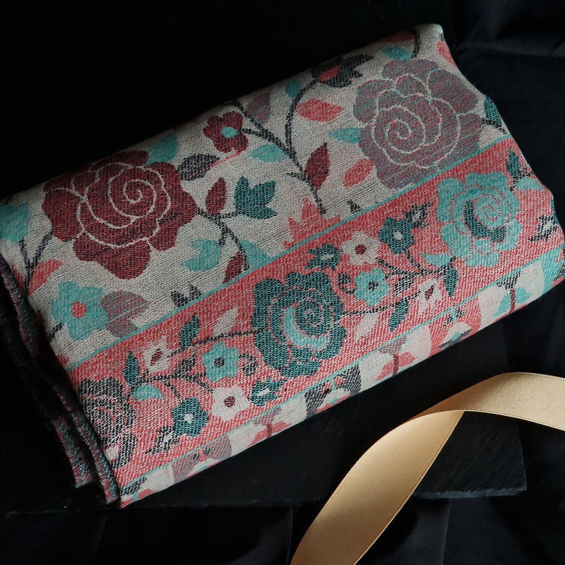 Pink and Teal Rose Motif Kani-Style White Stole – Silk Modal Blend