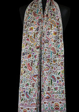 White Silk Wool Kalamkari Floral Design Pashmina Stole