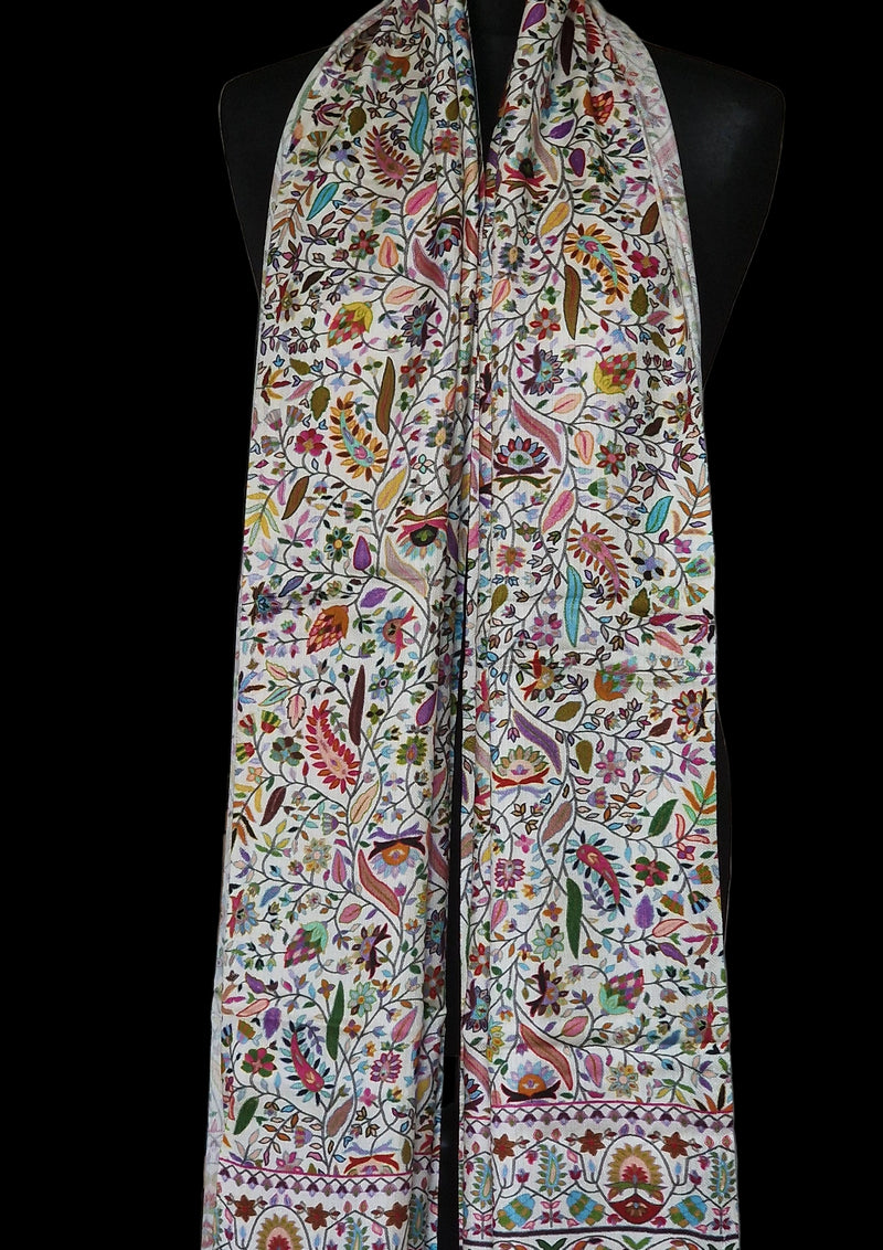 White Silk Wool Kalamkari Floral Design Pashmina Stole