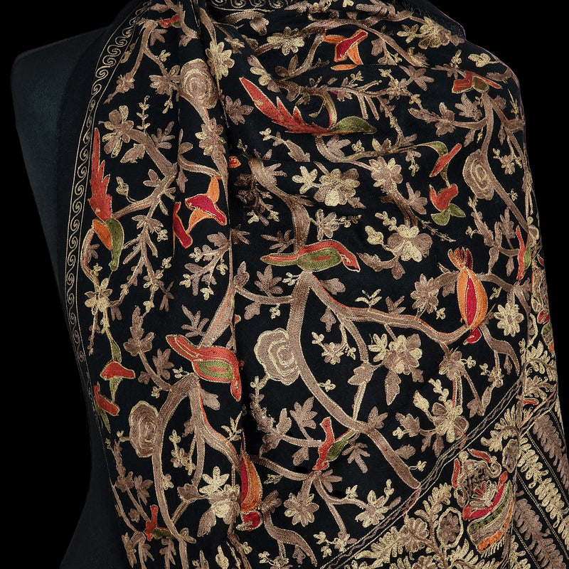 Shikaar-e-Kashmir – Black Pashmina Wool Shawl with Tilla Embroidery