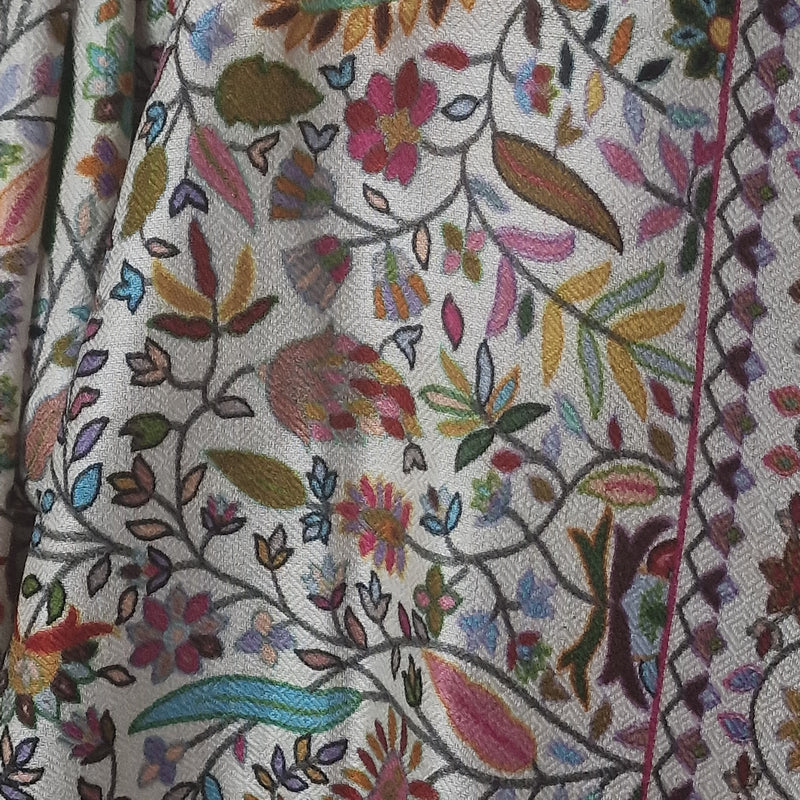 White Silk Wool Kalamkari Floral Design Pashmina Stole
