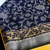 Beautiful Ethnic Weave Wool Shawl – Woolmark Certified, Navy Blue