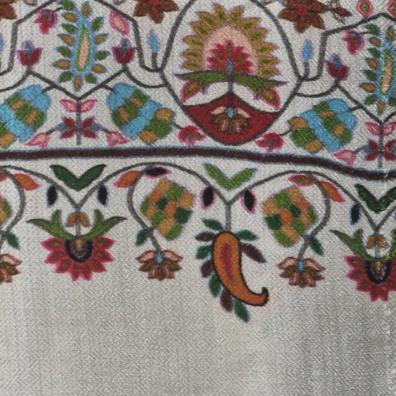 White Silk Wool Kalamkari Floral Design Pashmina Stole