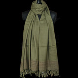 Sage Green Yak Wool Shawl – Handspun Fine Wool, Brown Raw Borders, Artisan Crafted - Baga Ethnik Living Default Title Accessories:Scarves & Wraps