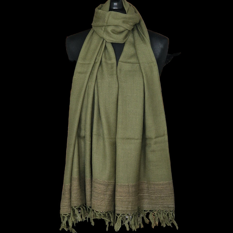 Sage Green Yak Wool Shawl – Handspun Fine Wool, Brown Raw Borders, Artisan Crafted - Baga Ethnik Living Default Title Accessories:Scarves & Wraps