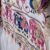 Shikaar Tilla Embroidery Fine Wool White Pashmina Shawl – Elephant & Peacock Design