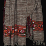 Brown Striped Yak Wool Shawl – Vibrant Kullu Border & Tassel Fringe